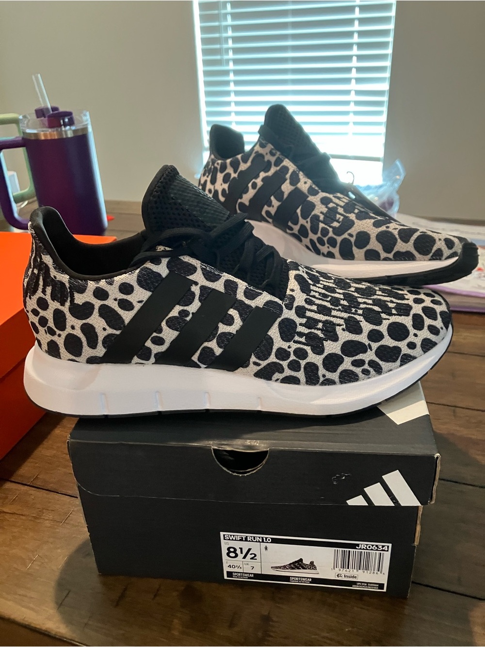 adidas Women’s Swift Run Sneakers - Black/White Leopard Sz 8.5